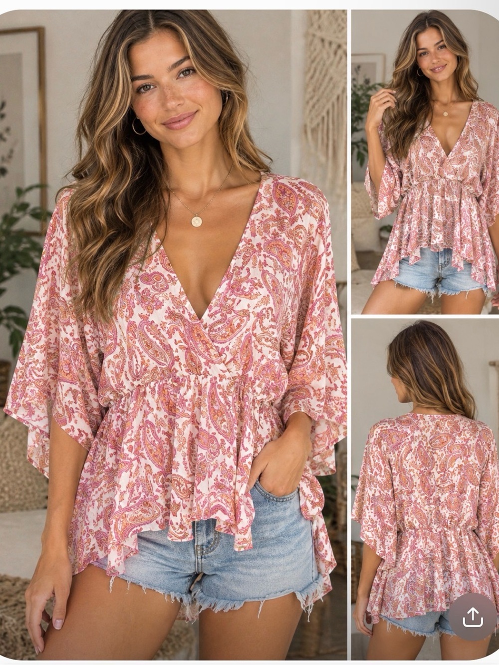 Arula Pink Paisley Print V Neck Peplum Blouse Bell Sleeve Boho Top
